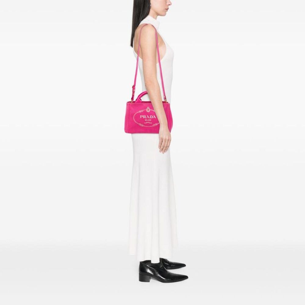 Pre Loved prada Canvas Tote Bag Women Pink Satchel - Picture 6 of 7